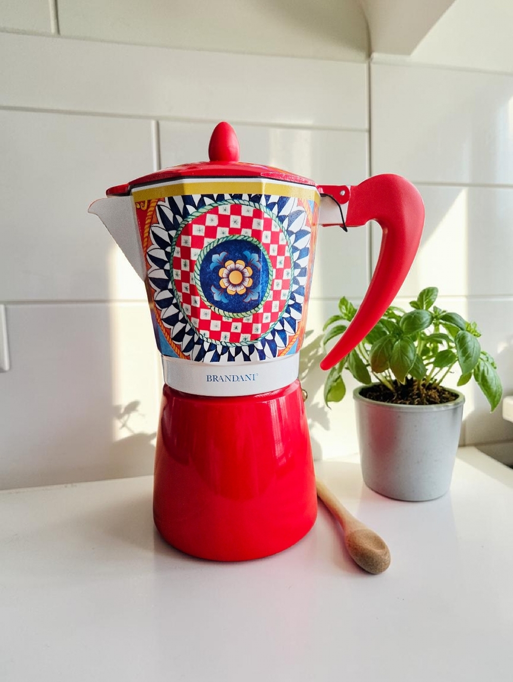 NEW Brandani 9 Cup Espresso Coffee Maker Aluminum Moka Pot Sicilian Pattern Red